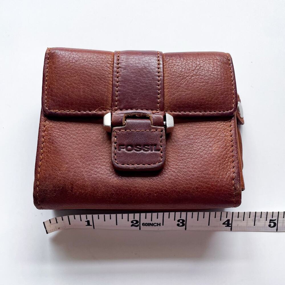 Brown Leather Fossil Mini Snap Wallet Pebbled Weather and Embossed Logo